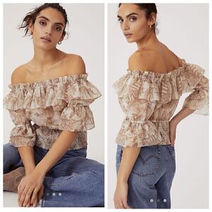 Anthropologie Top‎ womens Sz S off shoulder Tulle floral Organza smocked Ruffle